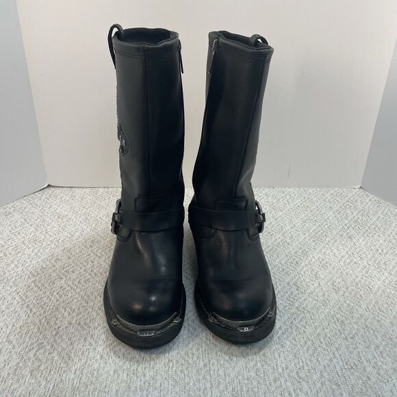 Harley Davidson Womens 8M Black Harness Leather Chunky Strap Studded Biker Boots - Picture 2 of 13